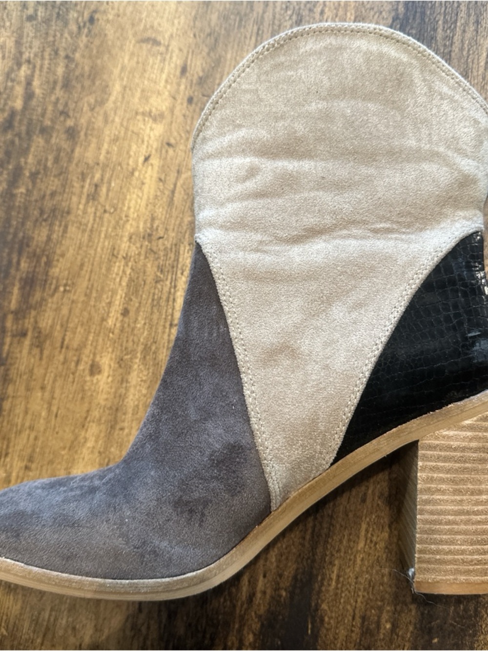 Women's Two-Tone Suede Block Heel Ankle Boot - Gray & Cream